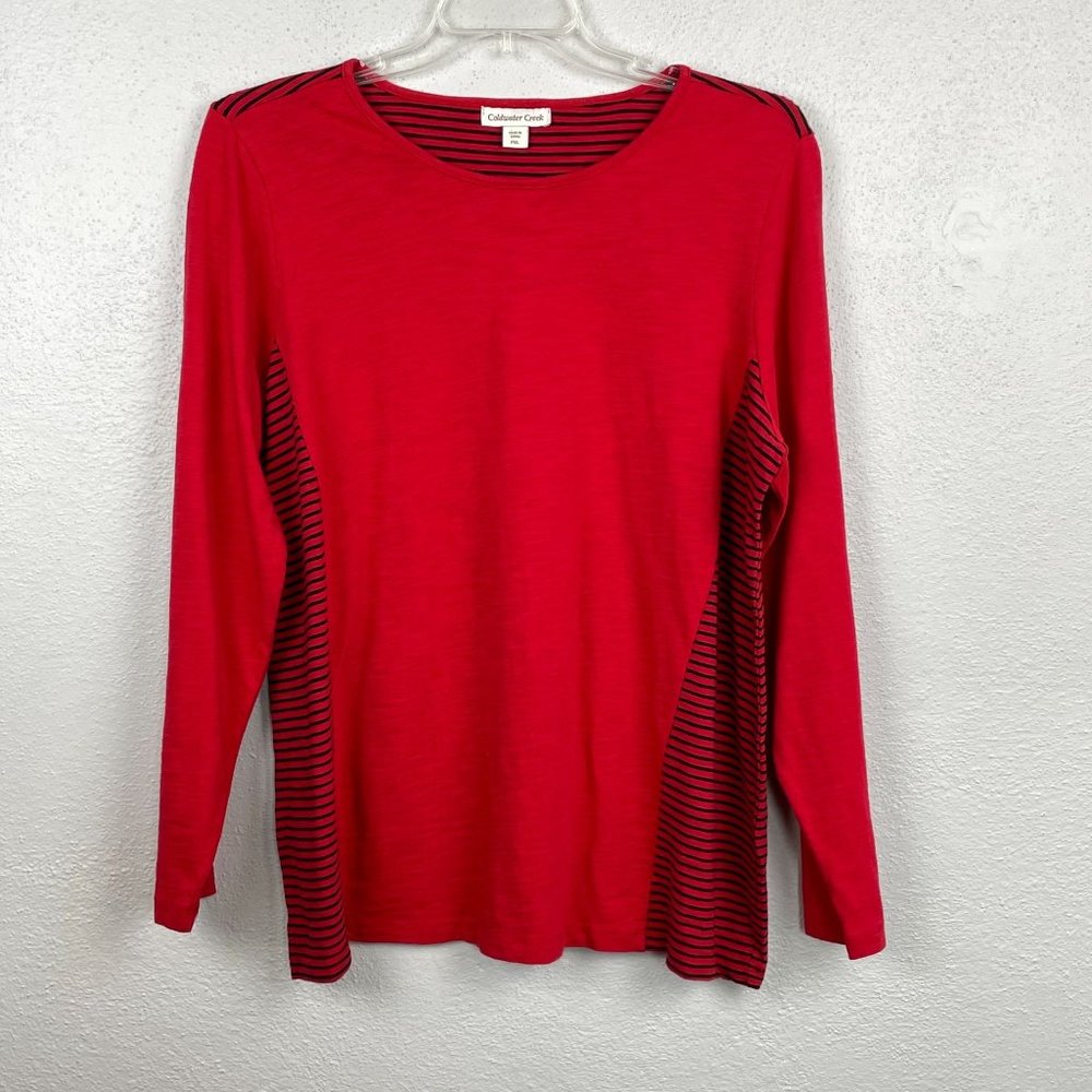 Coldwater Creek Women's Red Striped Long Sleeve 100% Cotton T-shirt - Size PXL